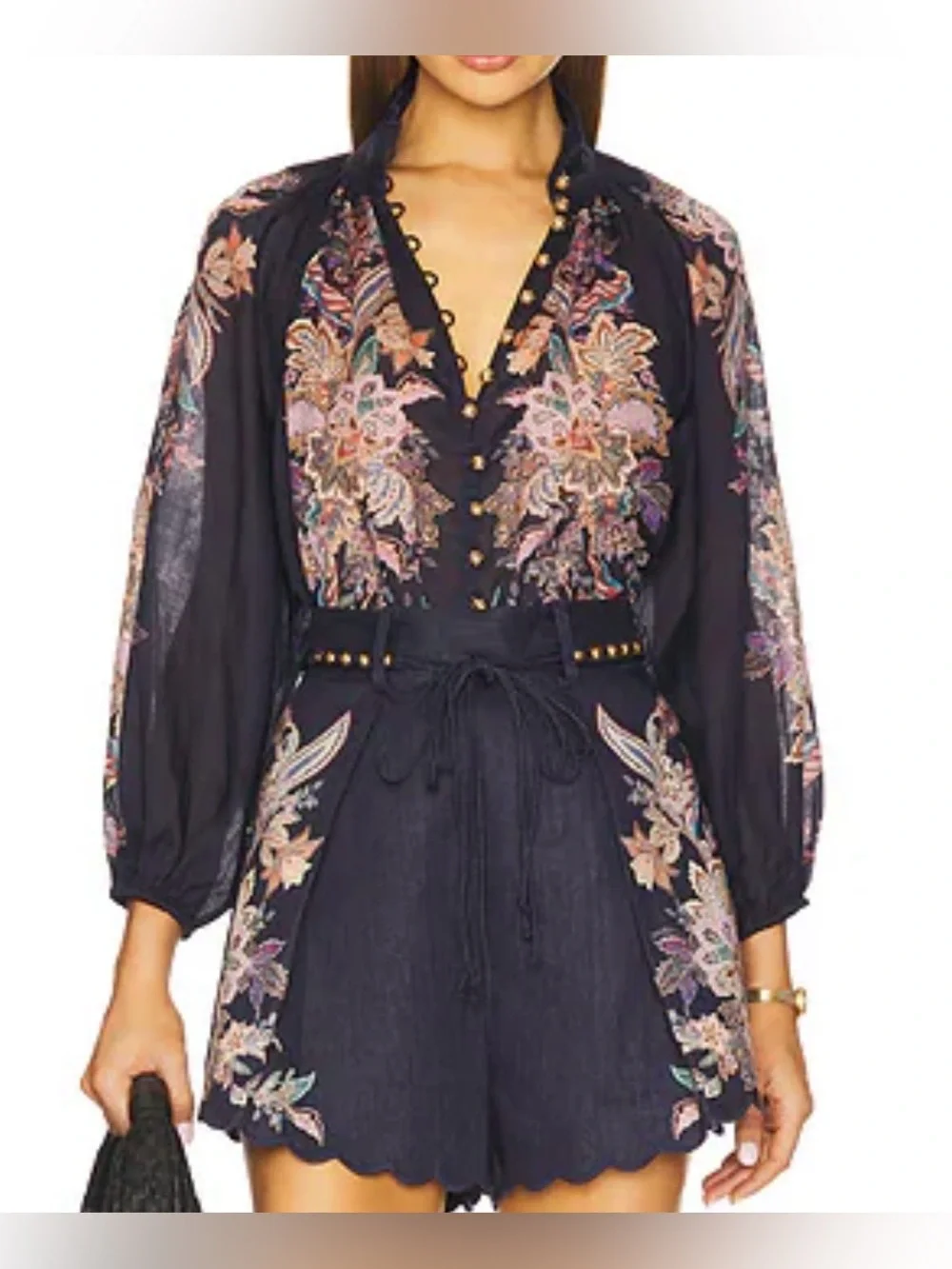 Zimmermann Rhiannon Billow Blouse 100% Ramie Paisley Boho Sheer Navy Top M - Picture 3 of 14